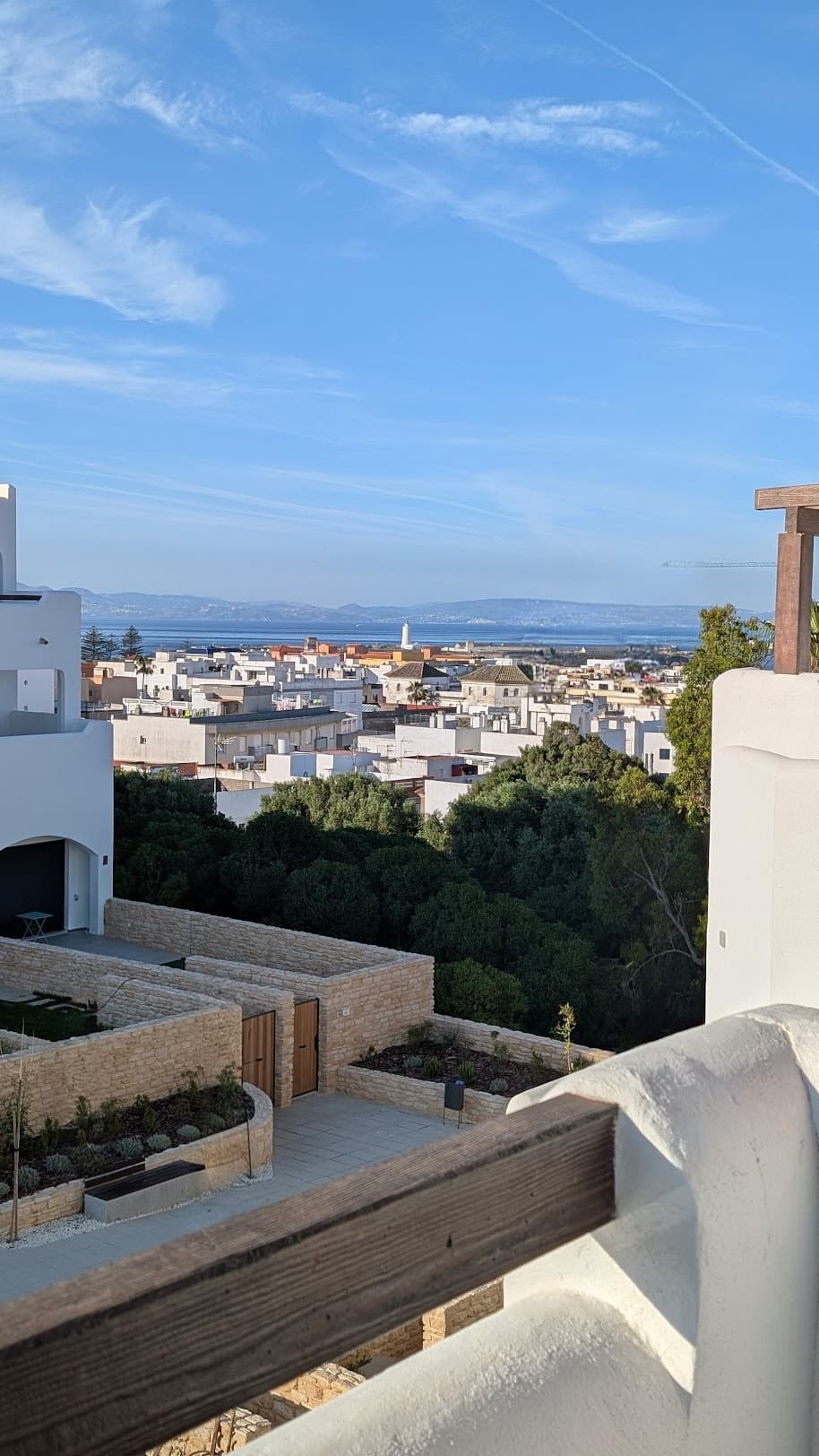 Daytime view from the rear terrace of Terraza Atlántica across Tarifa to Africa